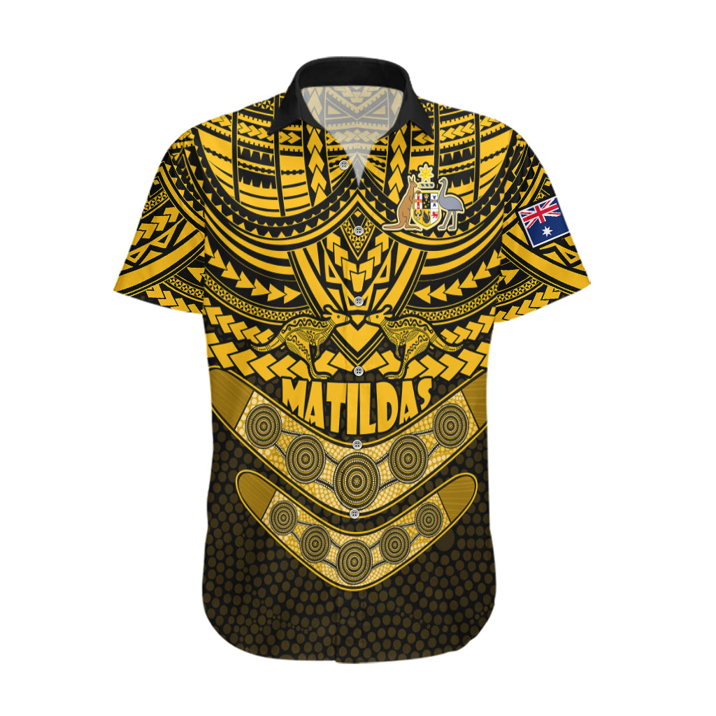 Matildas Soccer Hawaiian Shirt Polynesian and Aboriginal Gold Vibe - Vibe Hoodie Shop