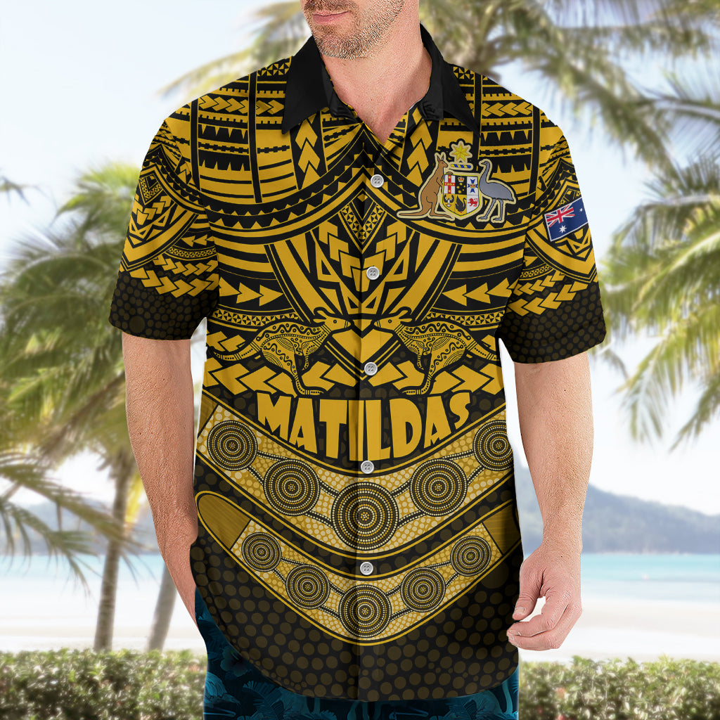 Matildas Soccer Hawaiian Shirt Polynesian and Aboriginal Gold Vibe - Vibe Hoodie Shop