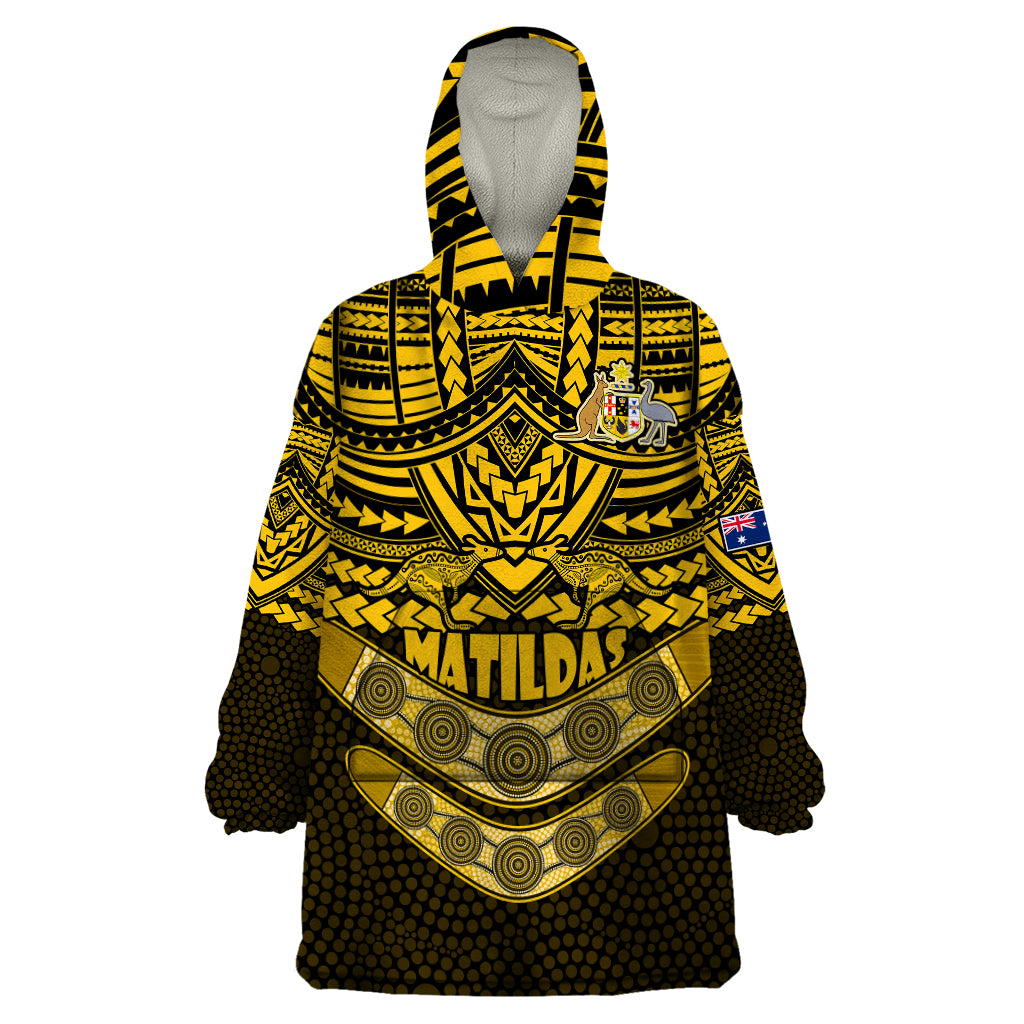 Matildas Soccer Wearable Blanket Hoodie Polynesian and Aboriginal Gold Vibe - Vibe Hoodie Shop