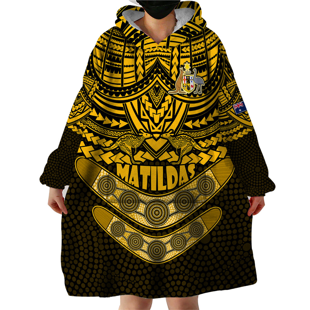 Matildas Soccer Wearable Blanket Hoodie Polynesian and Aboriginal Gold Vibe - Vibe Hoodie Shop