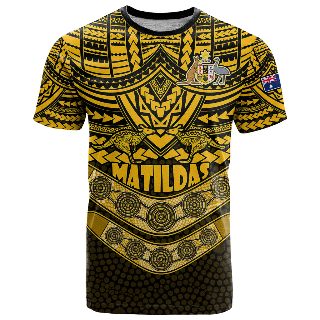 Custom Matildas Soccer T Shirt Polynesian and Aboriginal Gold Vibe LT9 - Vibe Hoodie Shop