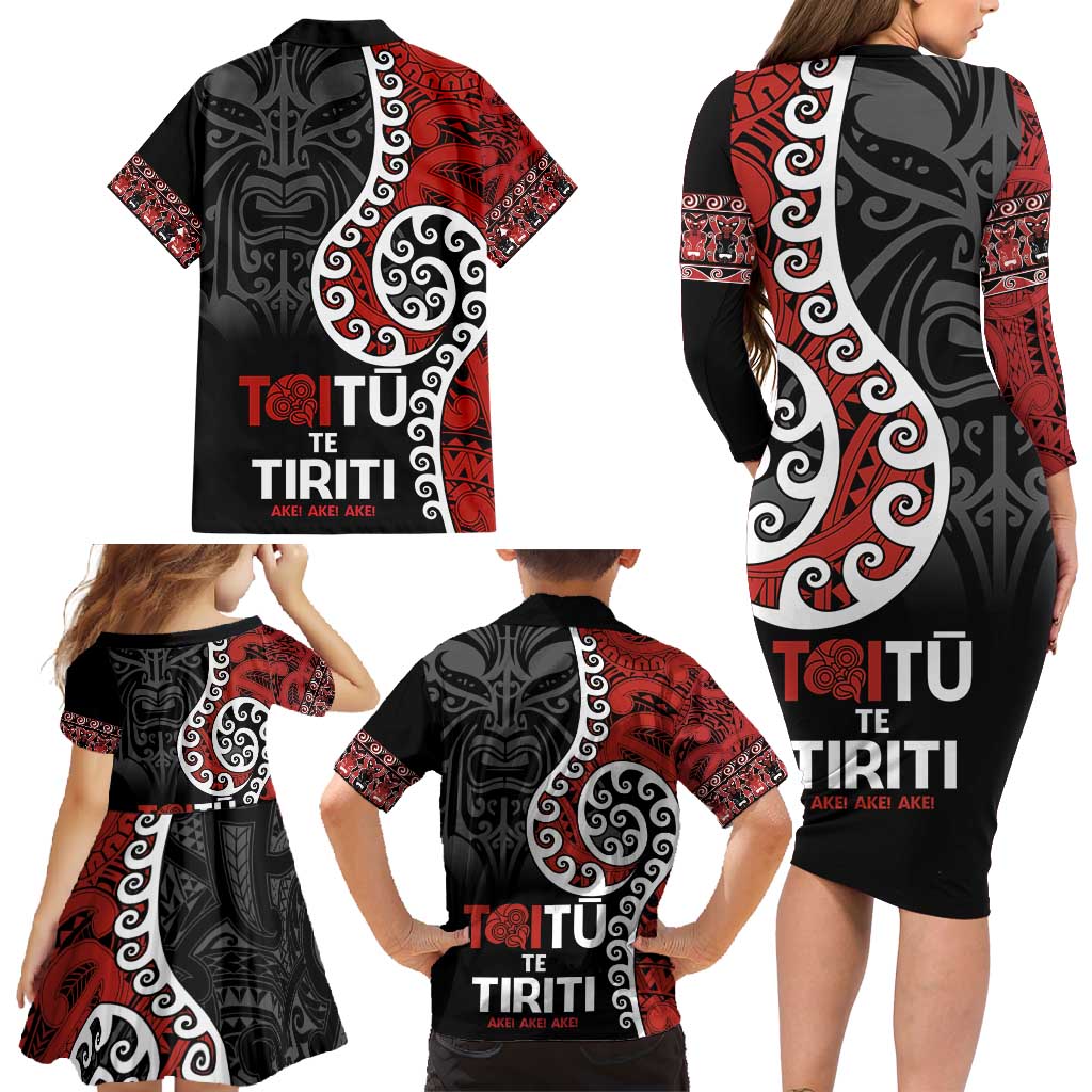 Honour The Treaty New Zealand Family Matching Long Sleeve Bodycon Dress and Hawaiian Shirt Toitu Te Tiriti Ake!Ake!Ake!