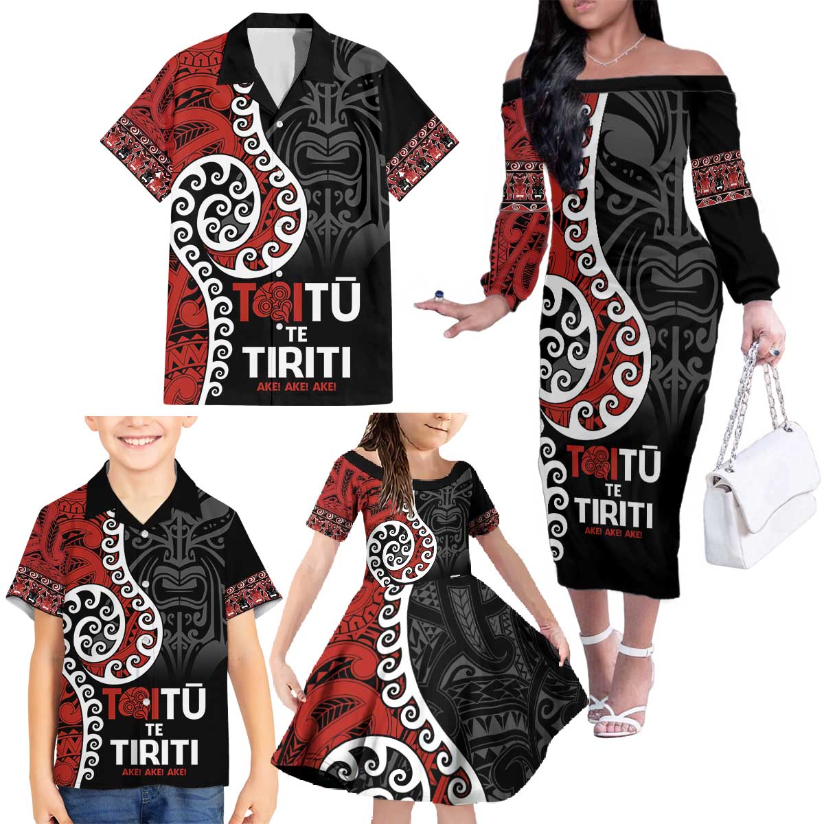 Honour The Treaty New Zealand Family Matching Off The Shoulder Long Sleeve Dress and Hawaiian Shirt Toitu Te Tiriti Ake!Ake!Ake!