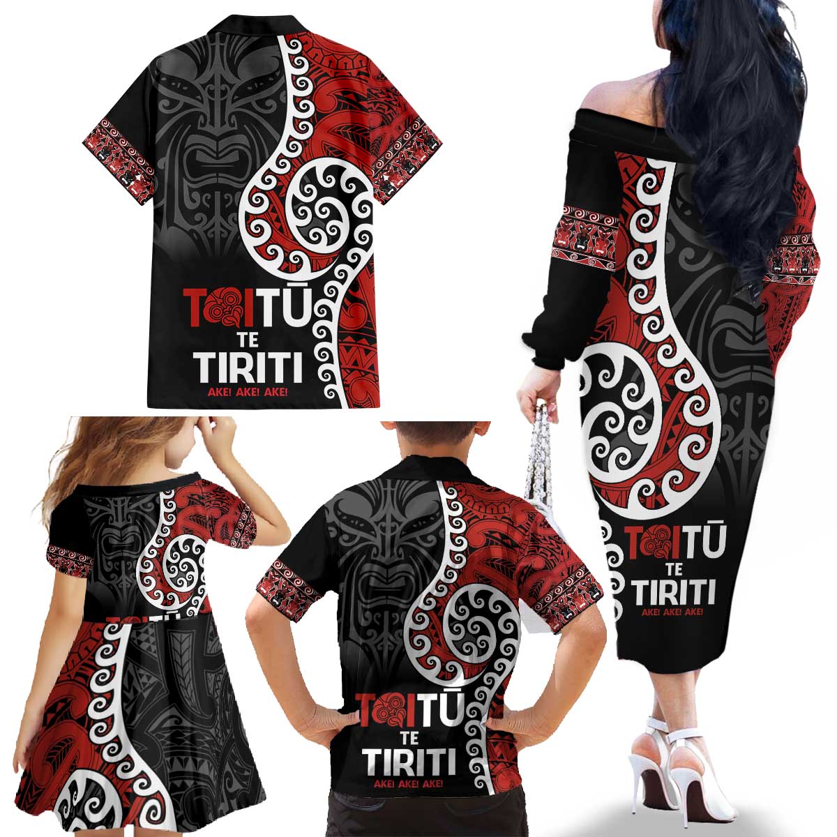 Honour The Treaty New Zealand Family Matching Off The Shoulder Long Sleeve Dress and Hawaiian Shirt Toitu Te Tiriti Ake!Ake!Ake!