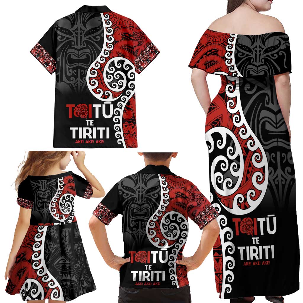 Honour The Treaty New Zealand Family Matching Off Shoulder Maxi Dress and Hawaiian Shirt Toitu Te Tiriti Ake!Ake!Ake!