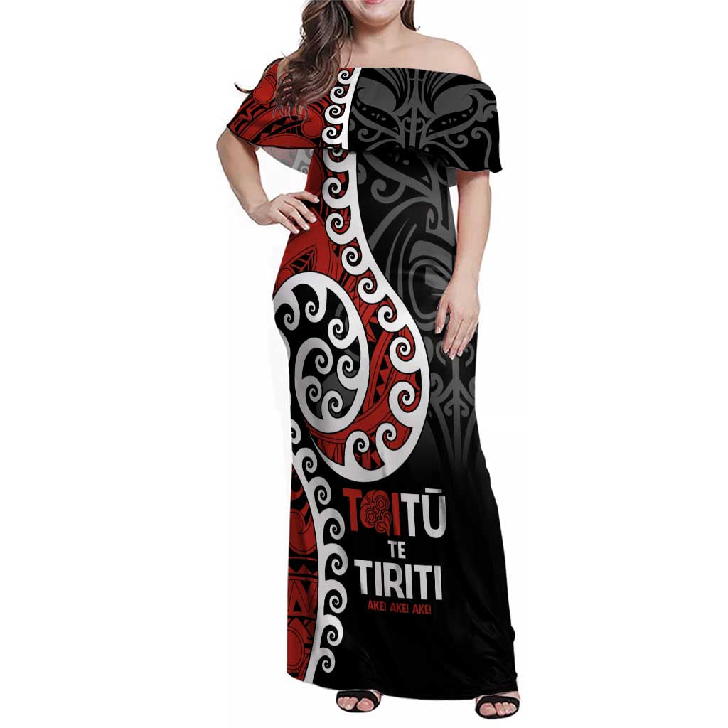 Honour The Treaty New Zealand Family Matching Off Shoulder Maxi Dress and Hawaiian Shirt Toitu Te Tiriti Ake!Ake!Ake!