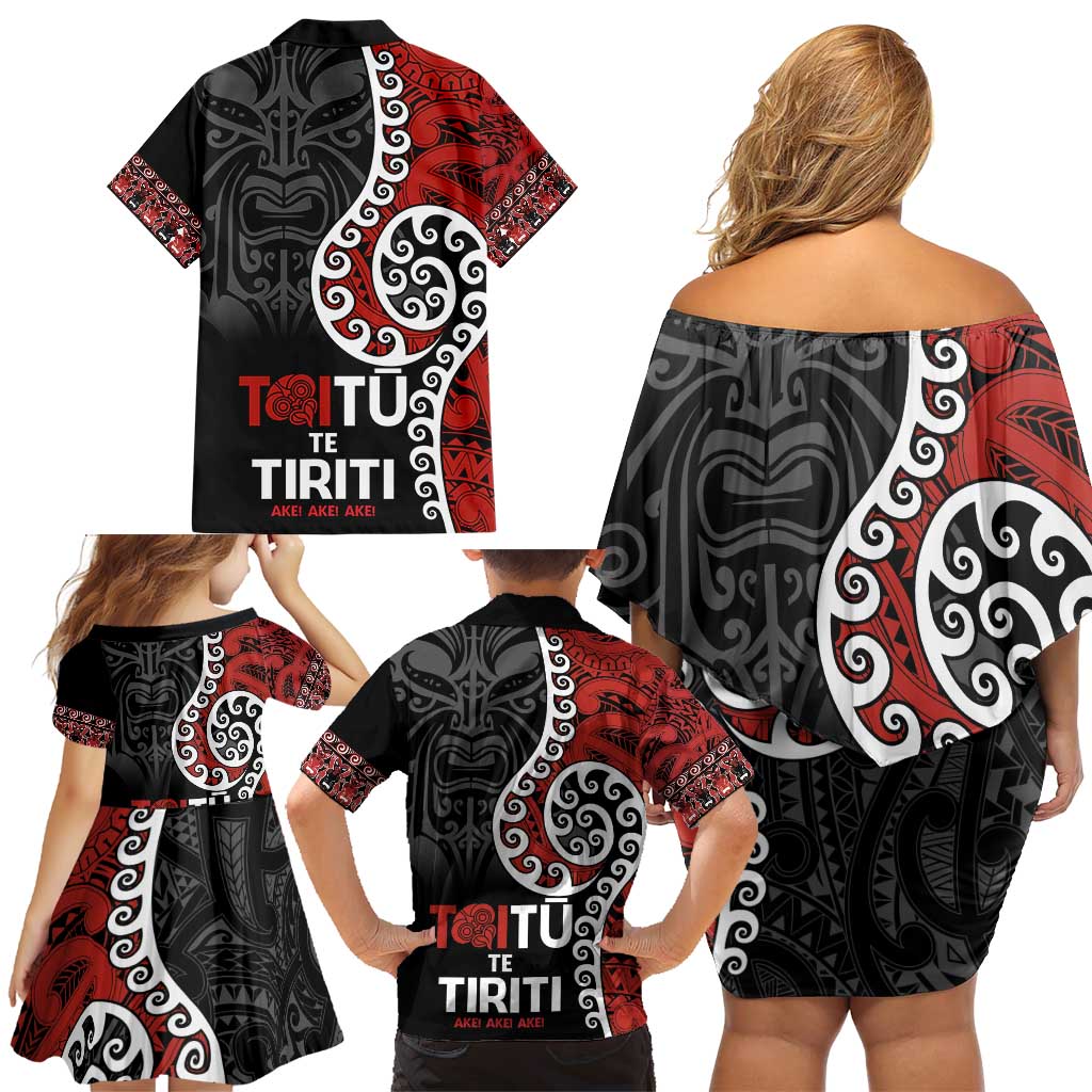 Honour The Treaty New Zealand Family Matching Off Shoulder Short Dress and Hawaiian Shirt Toitu Te Tiriti Ake!Ake!Ake!