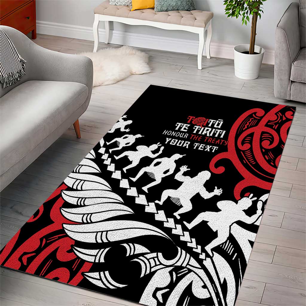 Honour The Treaty New Zealand Personalised Area Rug Toitu Te Tiriti Half Fern with Haka dance - Vibe Hoodie Shop