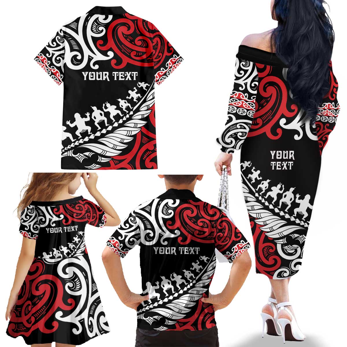 Honour The Treaty New Zealand Personalised Family Matching Off The Shoulder Long Sleeve Dress and Hawaiian Shirt Toitu Te Tiriti Half Fern with Haka dance