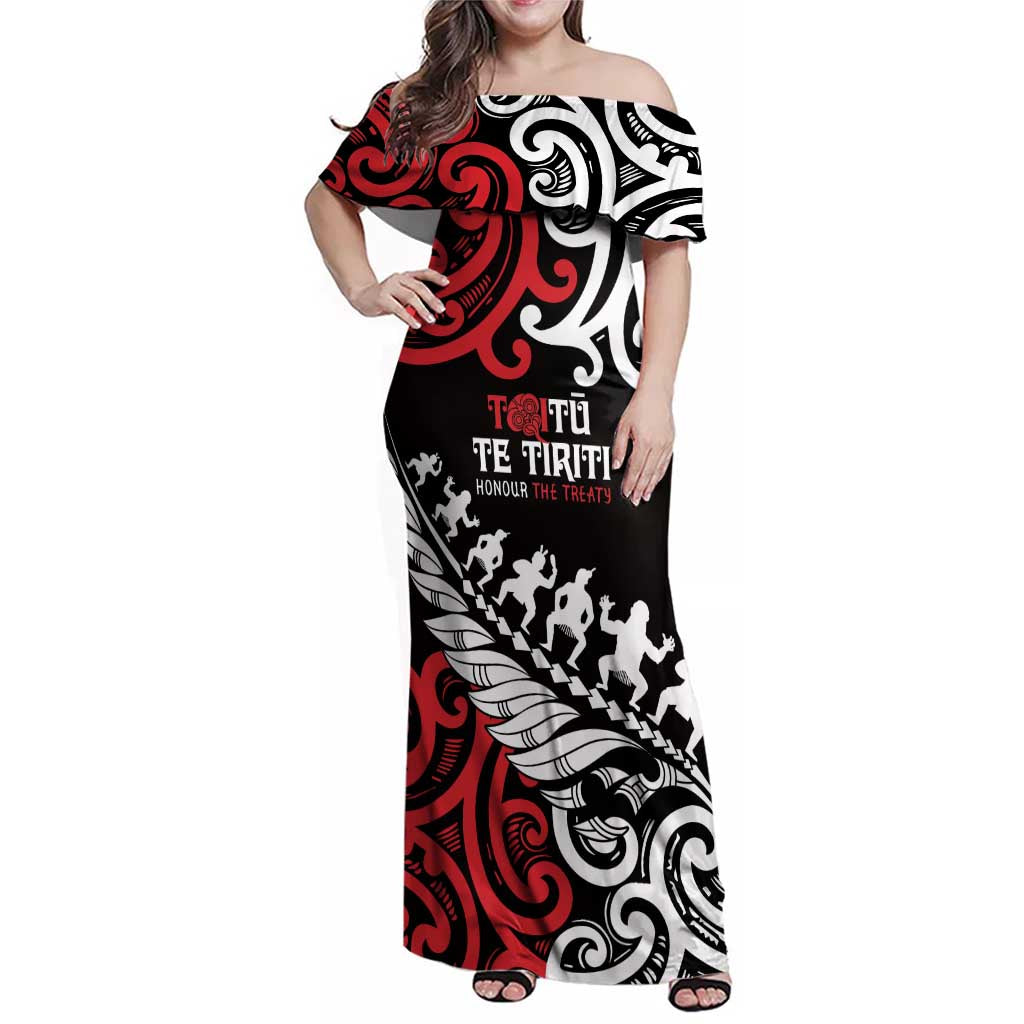 Honour The Treaty New Zealand Personalised Family Matching Off Shoulder Maxi Dress and Hawaiian Shirt Toitu Te Tiriti Half Fern with Haka dance