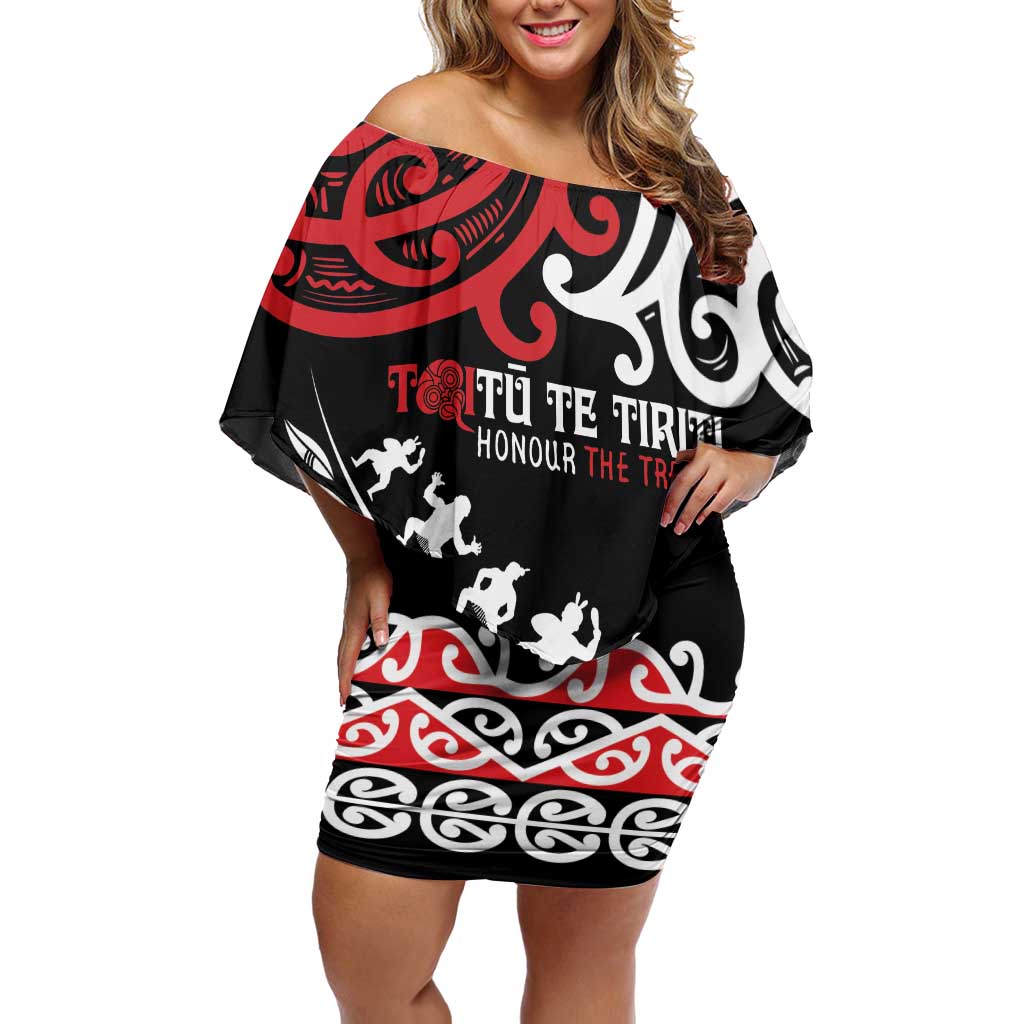 Honour The Treaty New Zealand Personalised Family Matching Off Shoulder Short Dress and Hawaiian Shirt Toitu Te Tiriti Half Fern with Haka dance