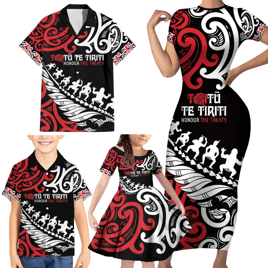 Honour The Treaty New Zealand Personalised Family Matching Short Sleeve Bodycon Dress and Hawaiian Shirt Toitu Te Tiriti Half Fern with Haka dance