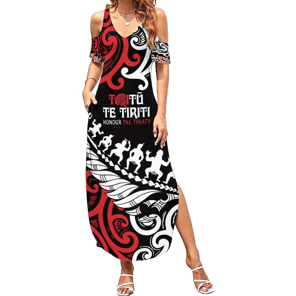 Honour The Treaty New Zealand Personalised Family Matching Summer Maxi Dress and Hawaiian Shirt Toitu Te Tiriti Half Fern with Haka dance