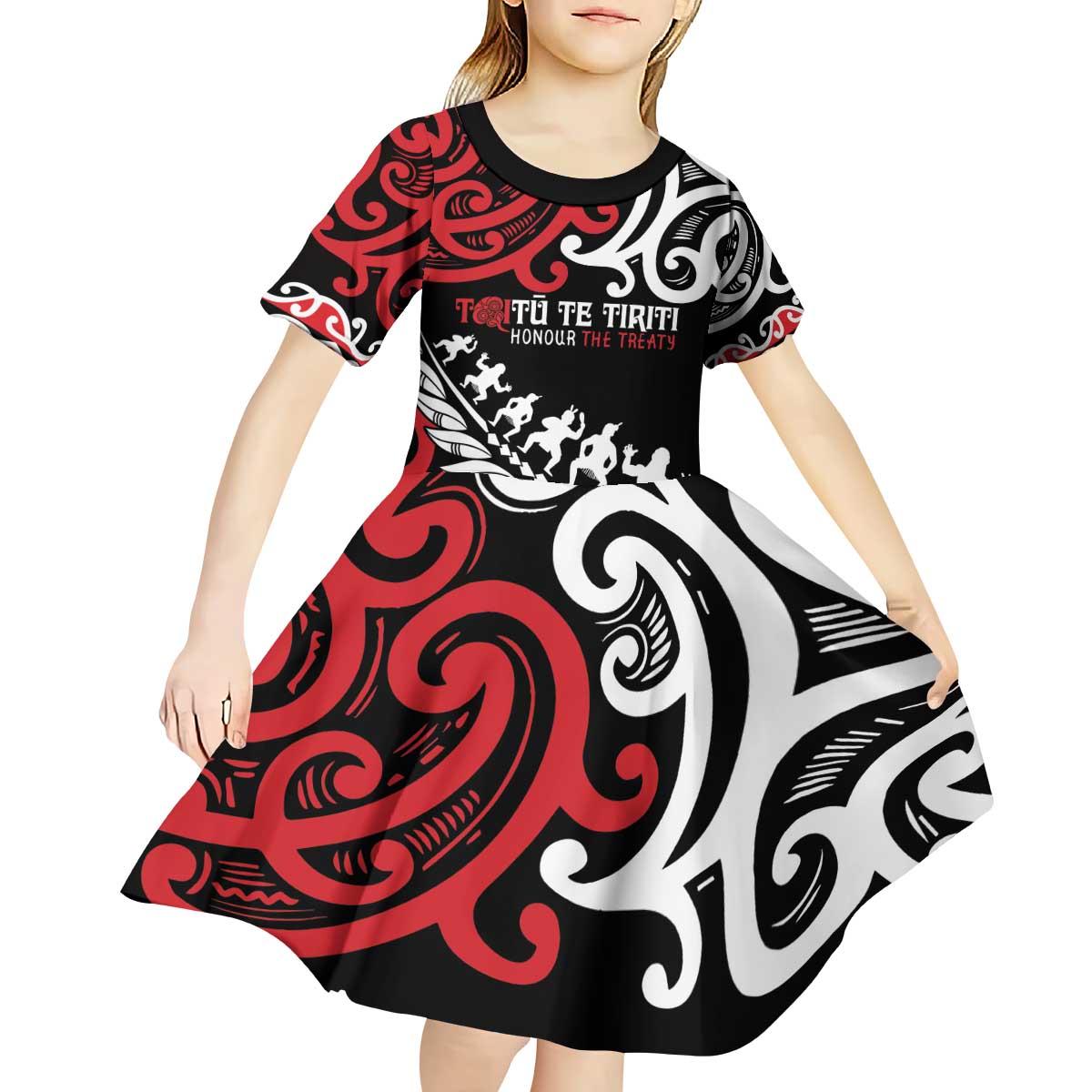 Honour The Treaty New Zealand Personalised Kid Short Sleeve Dress Toitu Te Tiriti Half Fern with Haka dance - Vibe Hoodie Shop