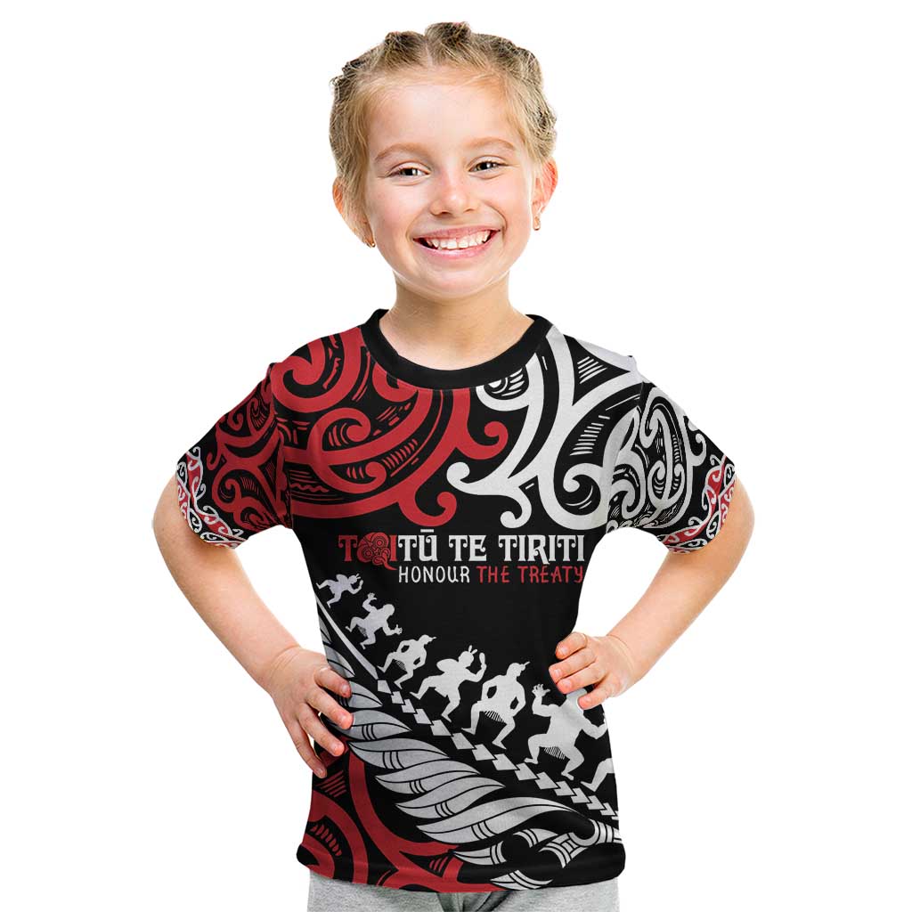 Honour The Treaty New Zealand Personalised Kid T Shirt Toitu Te Tiriti Half Fern with Haka dance - Vibe Hoodie Shop