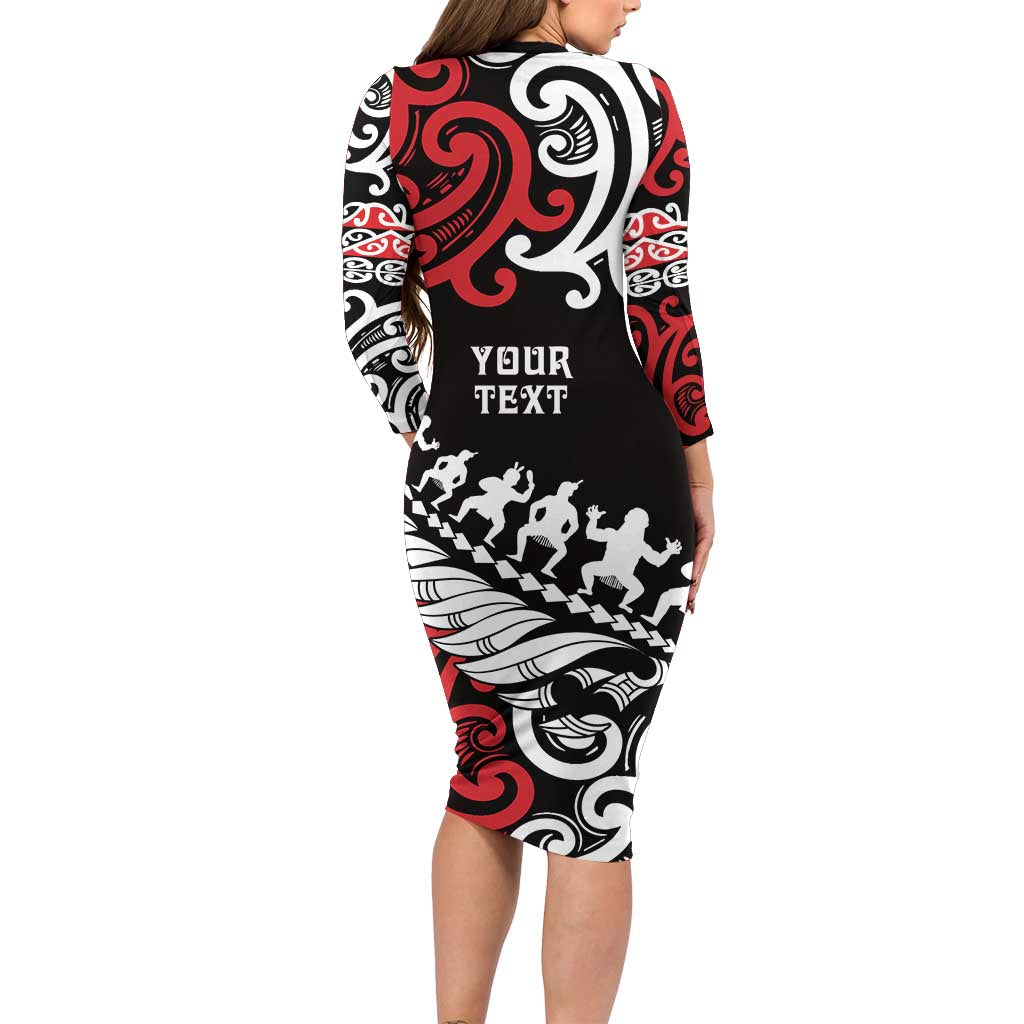 Honour The Treaty New Zealand Personalised Long Sleeve Bodycon Dress Toitu Te Tiriti Half Fern with Haka dance