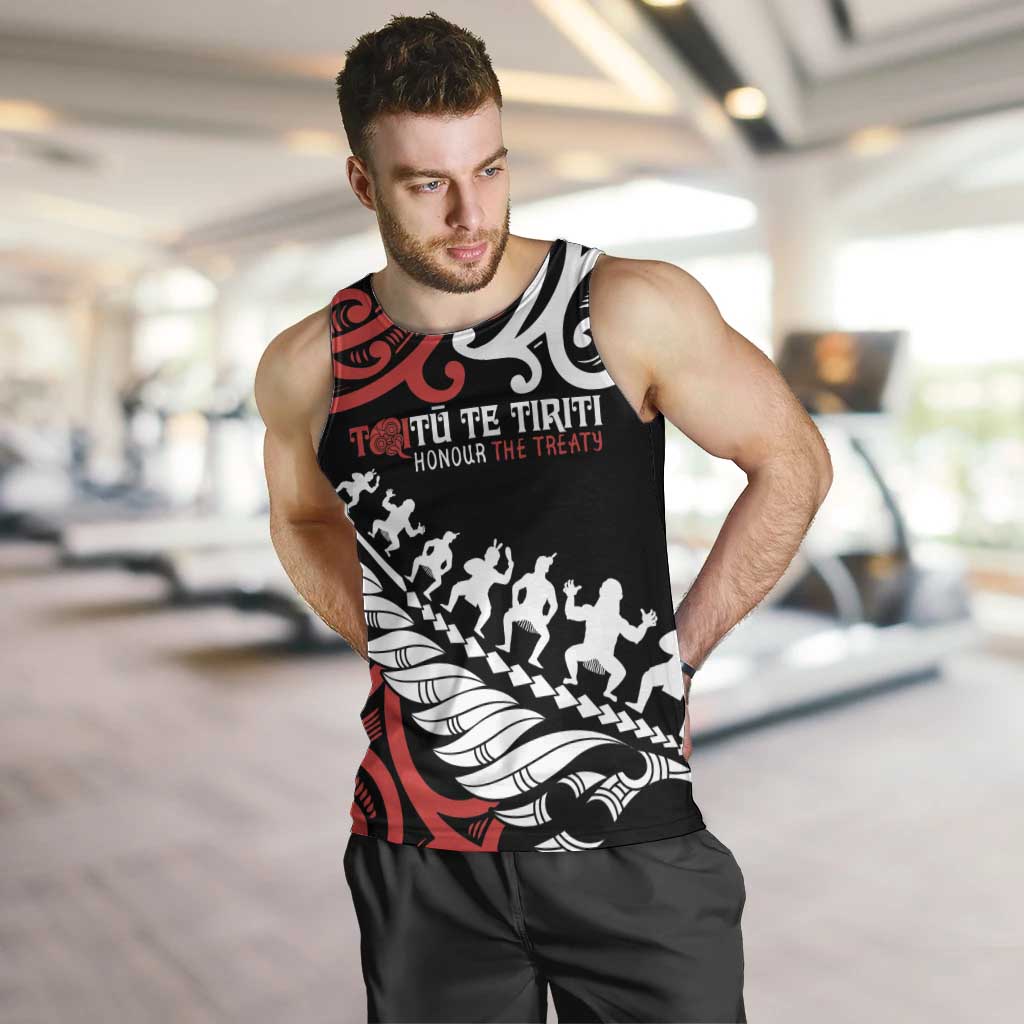 Honour The Treaty New Zealand Personalised Men Tank Top Toitu Te Tiriti Half Fern with Haka dance - Vibe Hoodie Shop