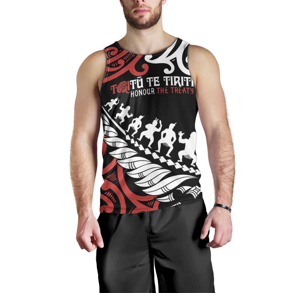 Honour The Treaty New Zealand Personalised Men Tank Top Toitu Te Tiriti Half Fern with Haka dance - Vibe Hoodie Shop