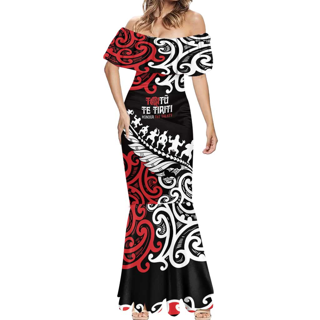 Honour The Treaty New Zealand Personalised Mermaid Dress Toitu Te Tiriti Half Fern with Haka dance