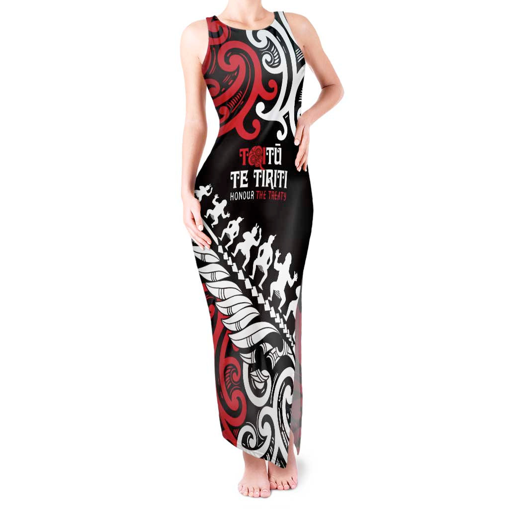 Honour The Treaty New Zealand Personalised Tank Maxi Dress Toitu Te Tiriti Half Fern with Haka dance