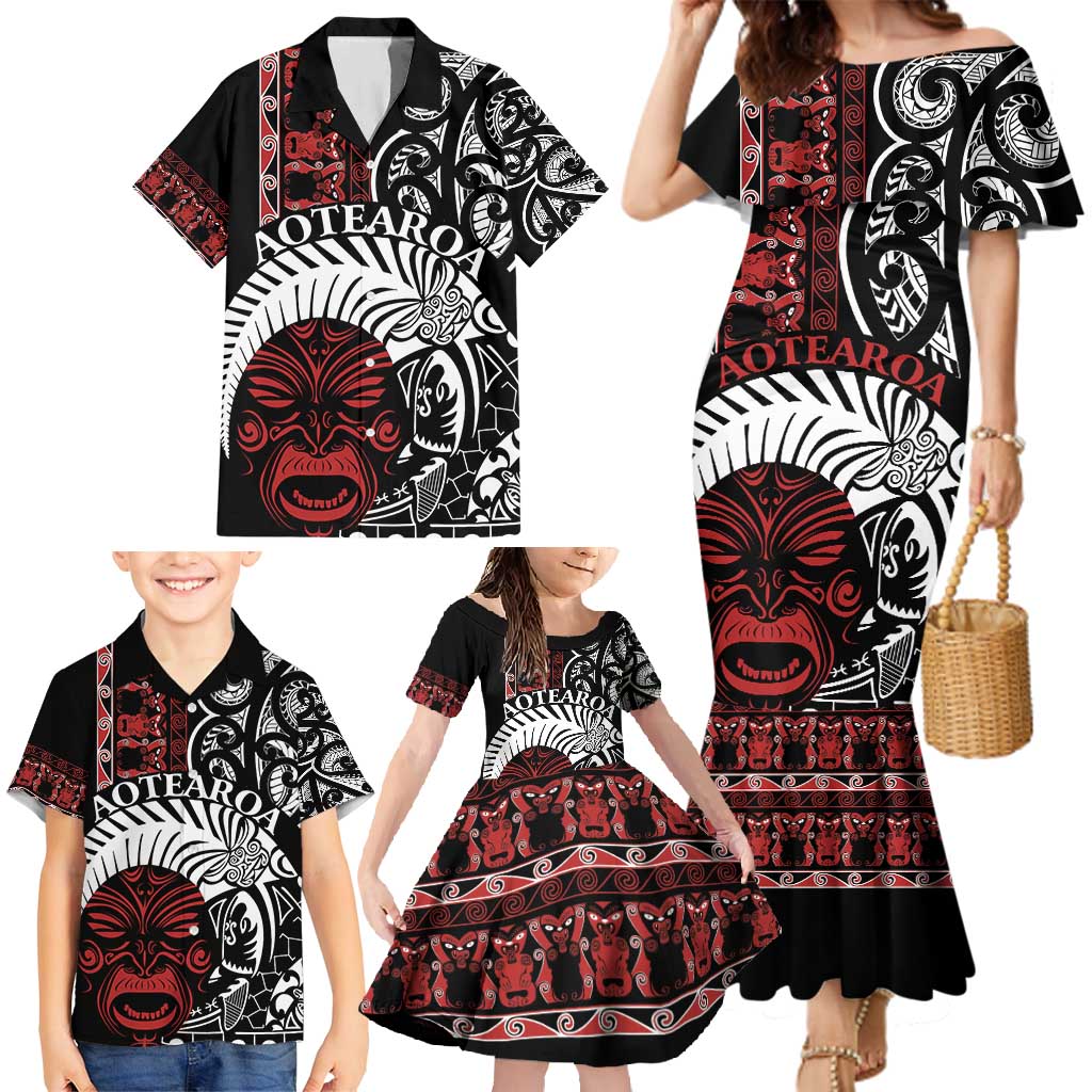 Honour The Treaty New Zealand Personalised Family Matching Mermaid Dress and Hawaiian Shirt Toitu Te Tiriti Indigenous Maori Face