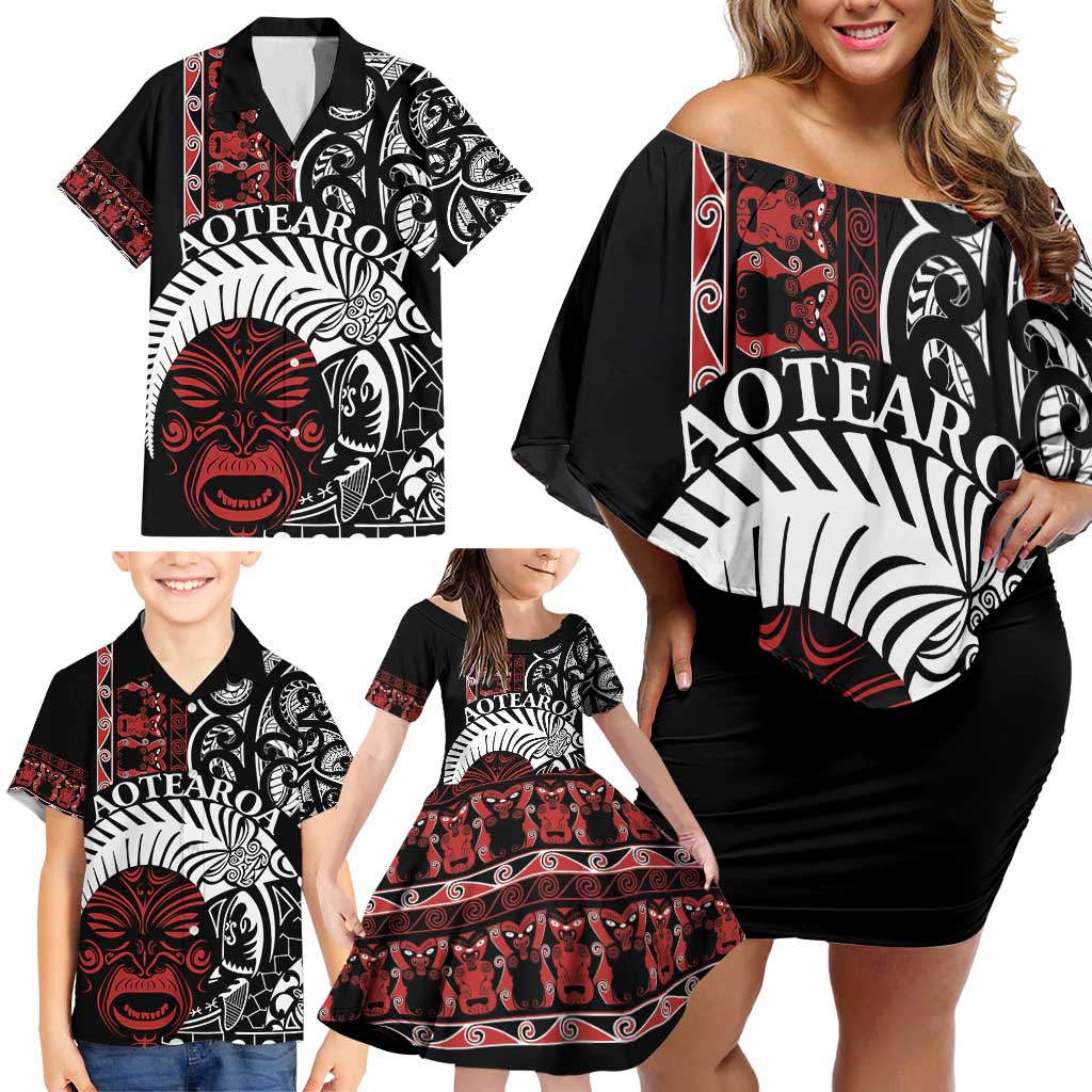 Honour The Treaty New Zealand Personalised Family Matching Off Shoulder Short Dress and Hawaiian Shirt Toitu Te Tiriti Indigenous Maori Face