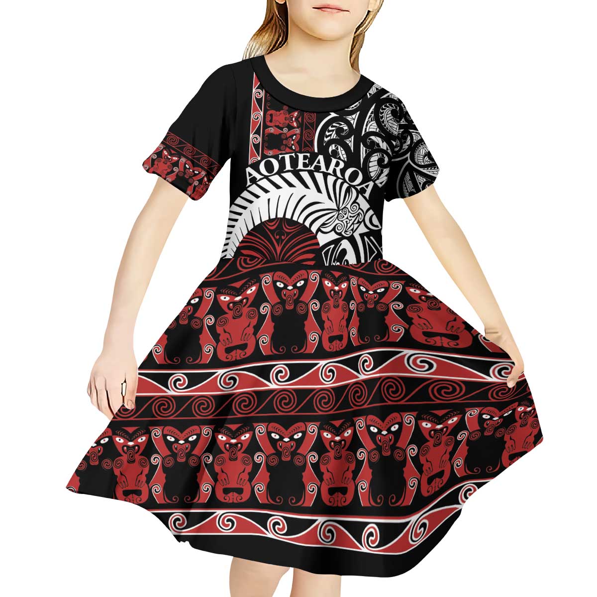 Honour The Treaty New Zealand Personalised Kid Short Sleeve Dress Toitu Te Tiriti Indigenous Maori Face - Vibe Hoodie Shop