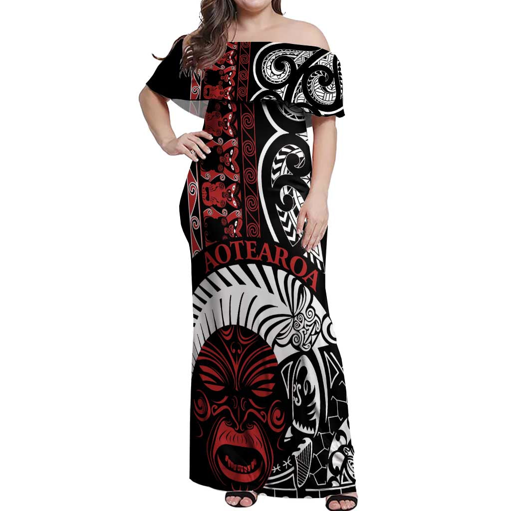 Honour The Treaty New Zealand Personalised Off Shoulder Maxi Dress Toitu Te Tiriti Indigenous Maori Face