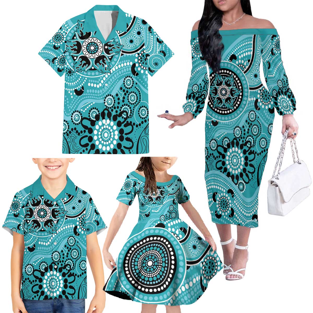 Heat Cricket Custom Family Matching Off The Shoulder Long Sleeve Dress and Hawaiian Shirt Australian Aboriginal