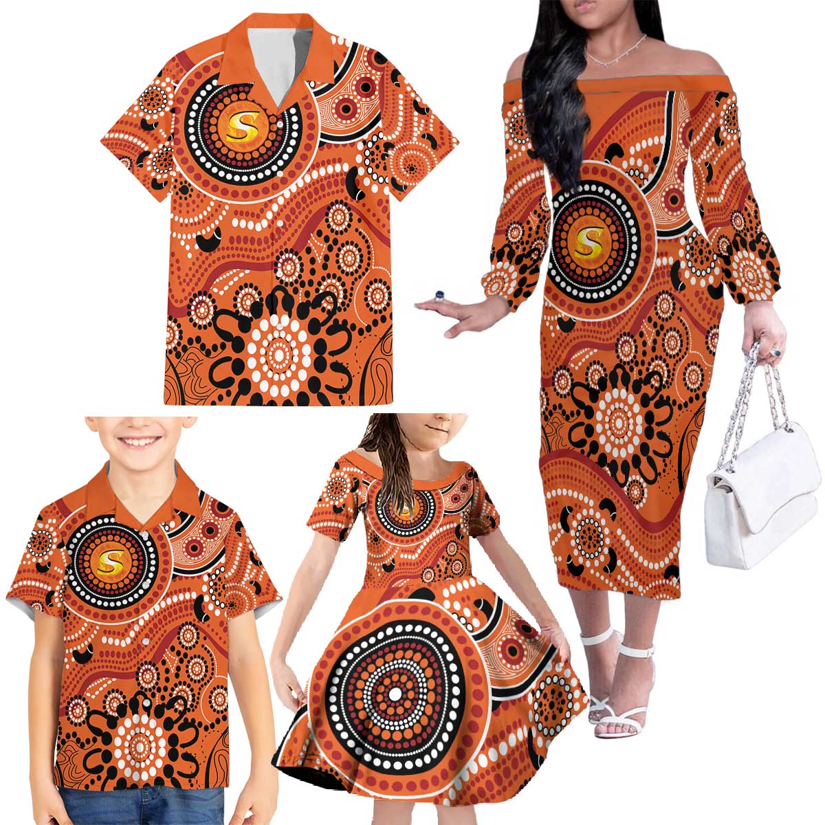 Scorchers Cricket Custom Family Matching Off The Shoulder Long Sleeve Dress and Hawaiian Shirt Australian Aboriginal