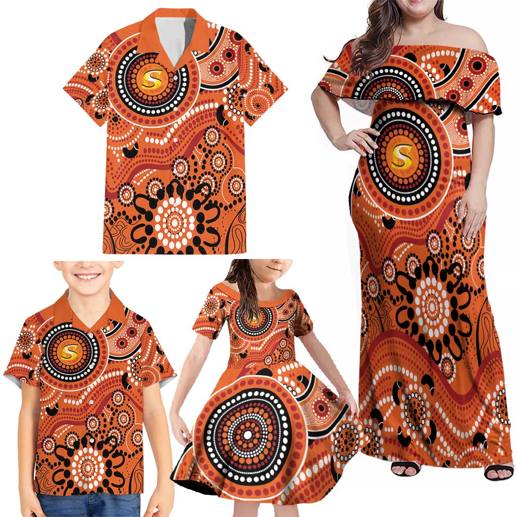 Scorchers Cricket Custom Family Matching Off Shoulder Maxi Dress and Hawaiian Shirt Australian Aboriginal