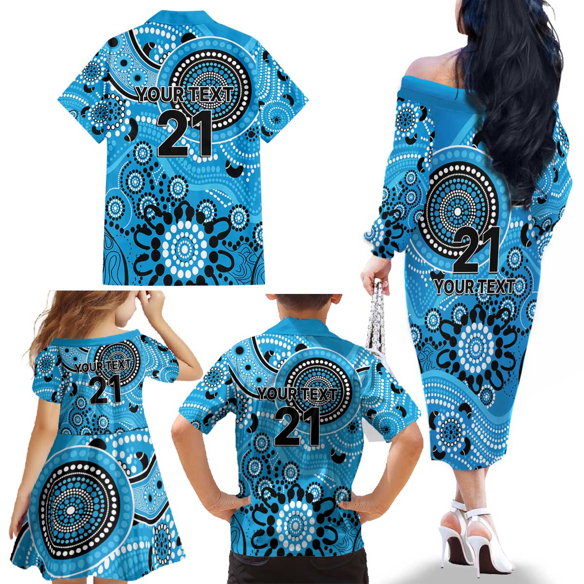 Strikers Cricket Custom Family Matching Off The Shoulder Long Sleeve Dress and Hawaiian Shirt Australian Aboriginal