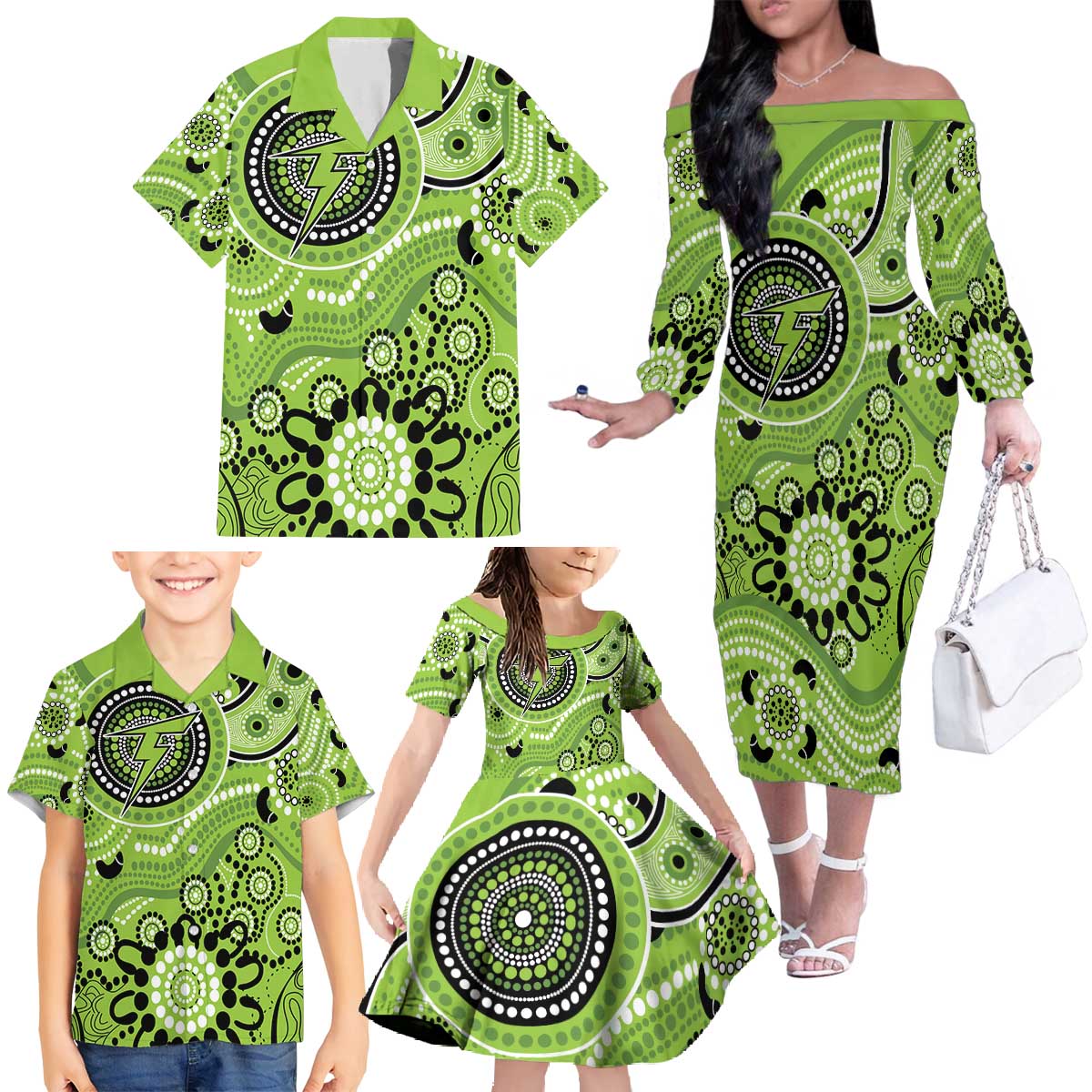 Thunder Cricket Custom Family Matching Off The Shoulder Long Sleeve Dress and Hawaiian Shirt Australian Aboriginal