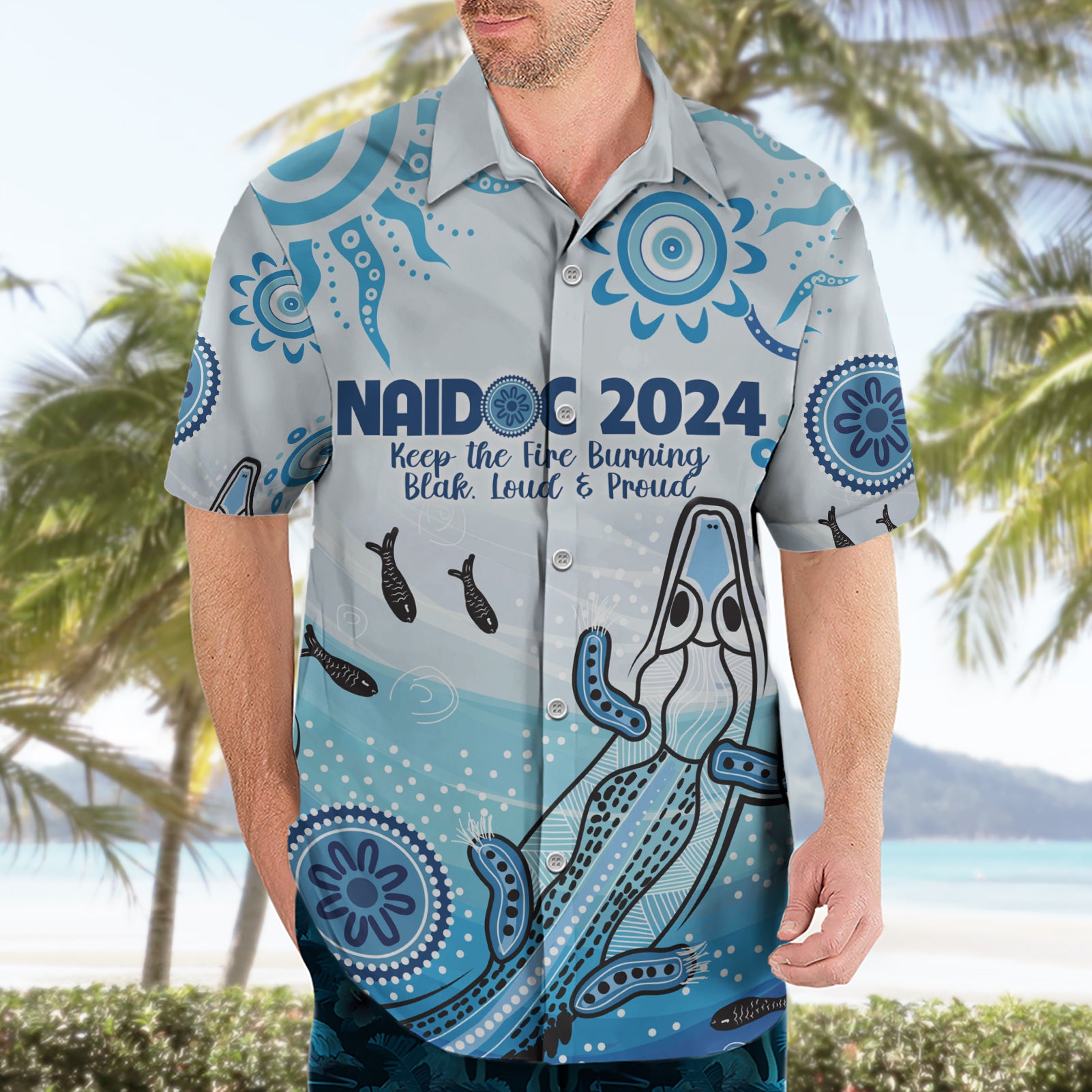 Personalised Keep the Fire Burning NAIDOC 2024 Hawaiian Shirt Aboriginal Dot with Crocodile - Vibe Hoodie Shop