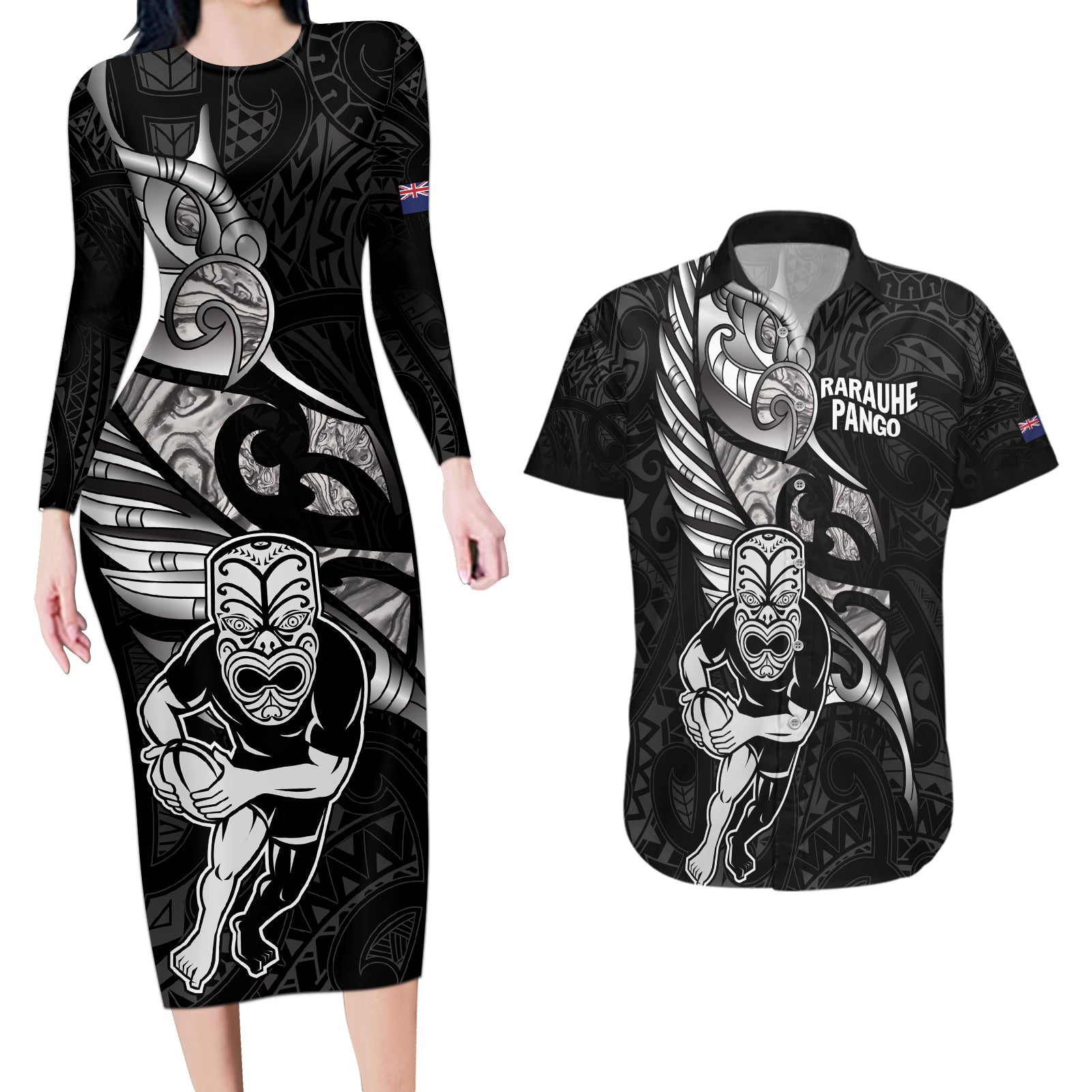 Custom New Zealand Maori Rugby Couples Matching Long Sleeve Bodycon Dress and Hawaiian Shirt Rarauhe Pango Silver Fern Manaia