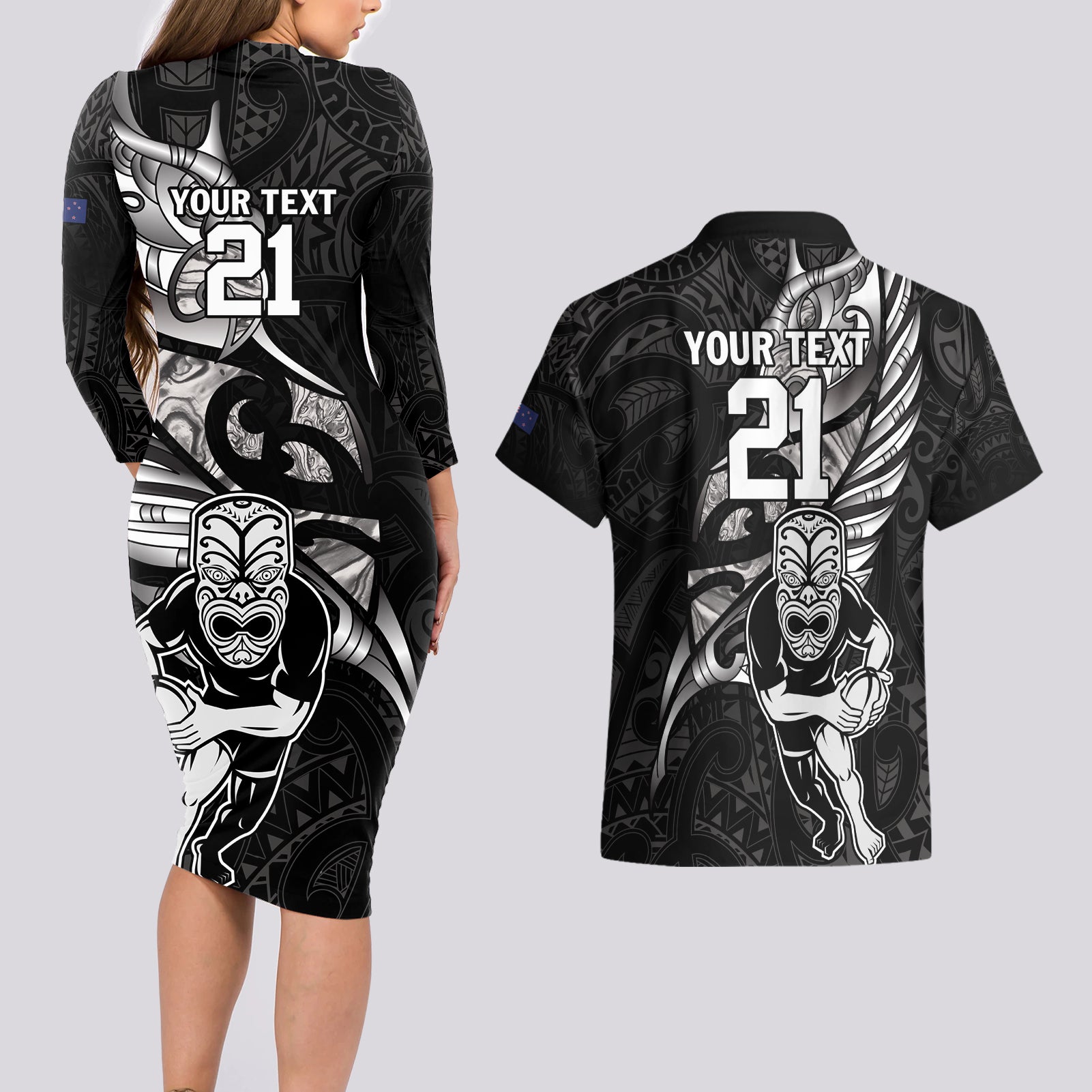 Custom New Zealand Maori Rugby Couples Matching Long Sleeve Bodycon Dress and Hawaiian Shirt Rarauhe Pango Silver Fern Manaia