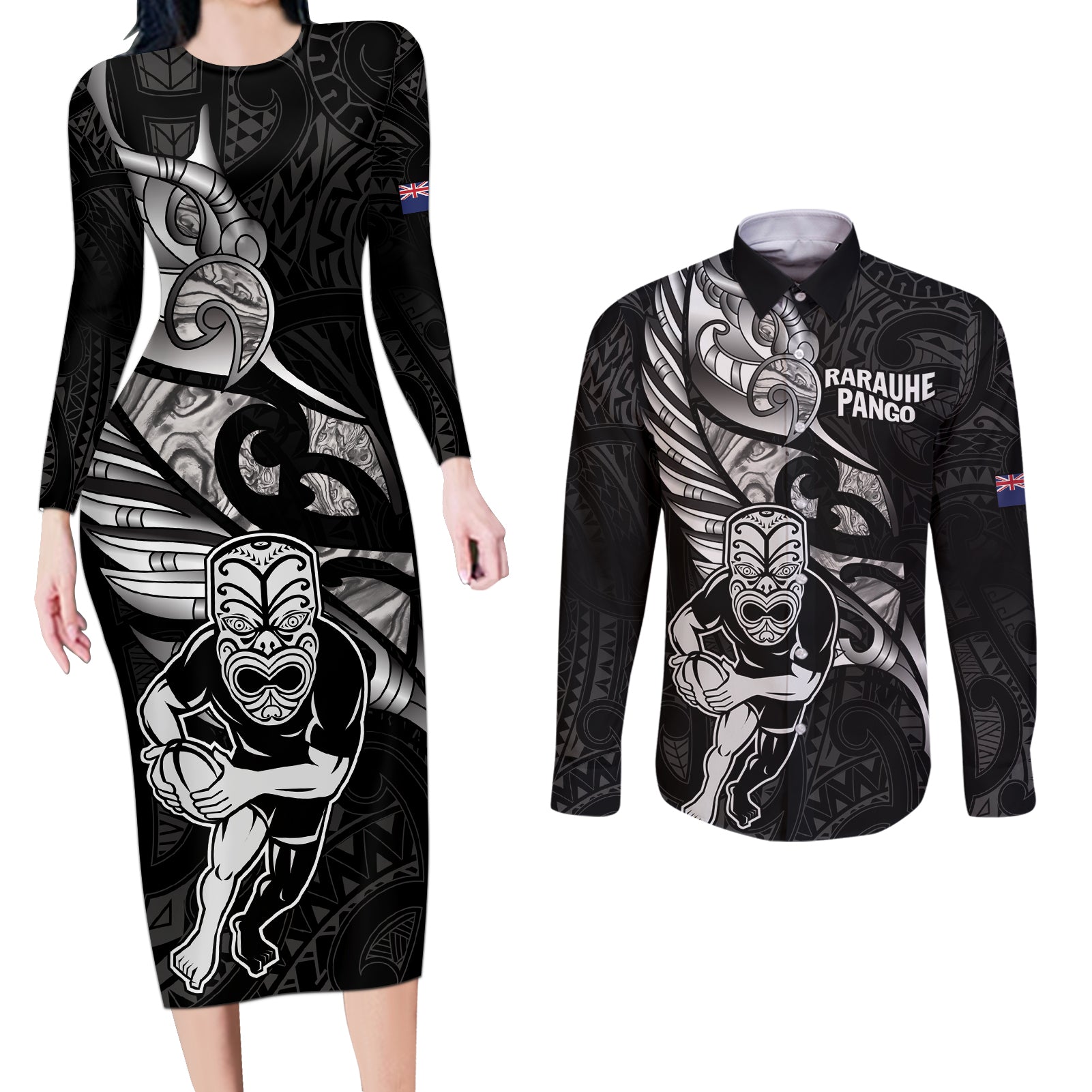 Custom New Zealand Maori Rugby Couples Matching Long Sleeve Bodycon Dress and Long Sleeve Button Shirt Rarauhe Pango Silver Fern Manaia