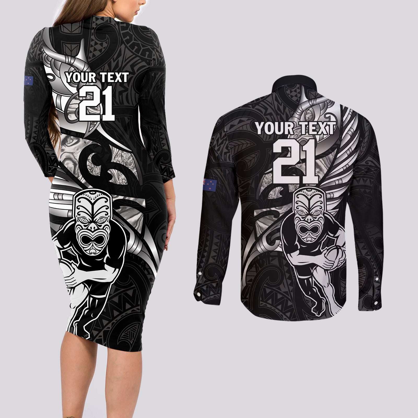 Custom New Zealand Maori Rugby Couples Matching Long Sleeve Bodycon Dress and Long Sleeve Button Shirt Rarauhe Pango Silver Fern Manaia