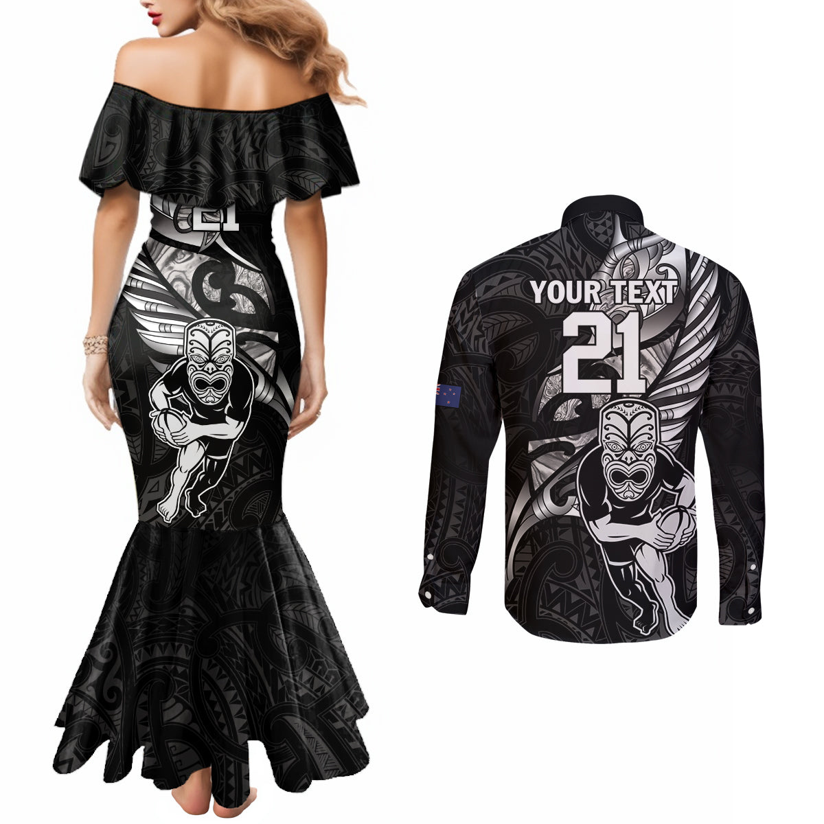 Custom New Zealand Maori Rugby Couples Matching Mermaid Dress and Long Sleeve Button Shirt Rarauhe Pango Silver Fern Manaia