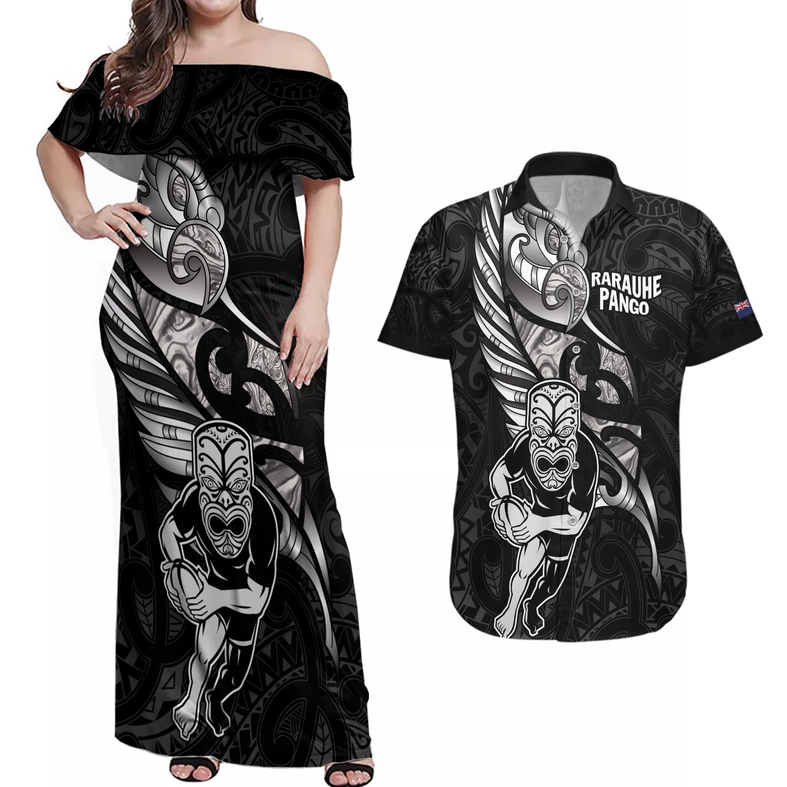 Custom New Zealand Maori Rugby Couples Matching Off Shoulder Maxi Dress and Hawaiian Shirt Rarauhe Pango Silver Fern Manaia
