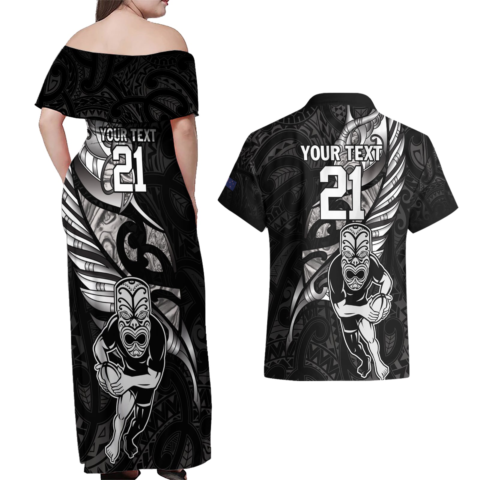 Custom New Zealand Maori Rugby Couples Matching Off Shoulder Maxi Dress and Hawaiian Shirt Rarauhe Pango Silver Fern Manaia