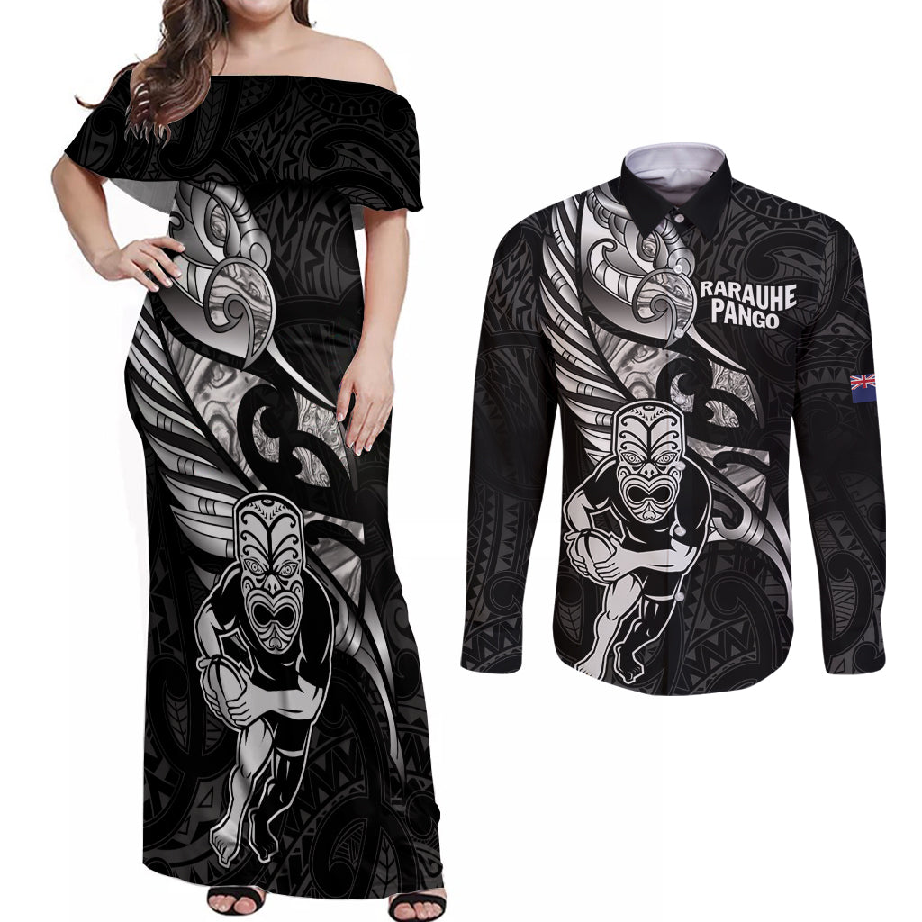 Custom New Zealand Maori Rugby Couples Matching Off Shoulder Maxi Dress and Long Sleeve Button Shirt Rarauhe Pango Silver Fern Manaia