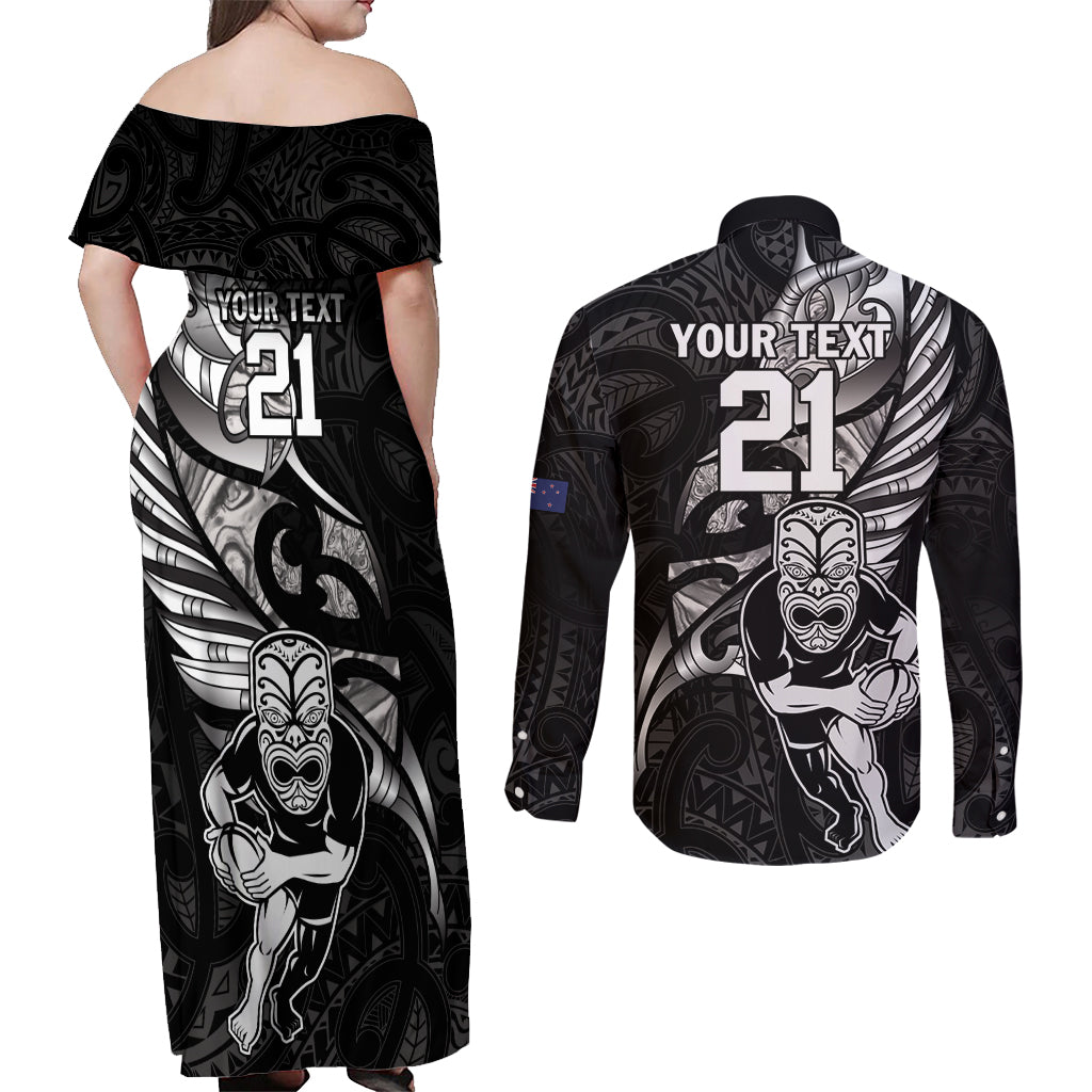Custom New Zealand Maori Rugby Couples Matching Off Shoulder Maxi Dress and Long Sleeve Button Shirt Rarauhe Pango Silver Fern Manaia