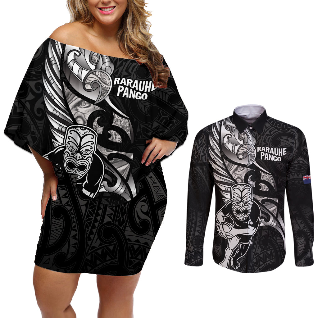 Custom New Zealand Maori Rugby Couples Matching Off Shoulder Short Dress and Long Sleeve Button Shirt Rarauhe Pango Silver Fern Manaia