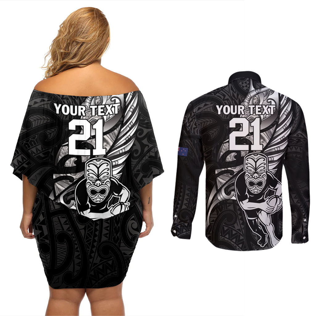 Custom New Zealand Maori Rugby Couples Matching Off Shoulder Short Dress and Long Sleeve Button Shirt Rarauhe Pango Silver Fern Manaia