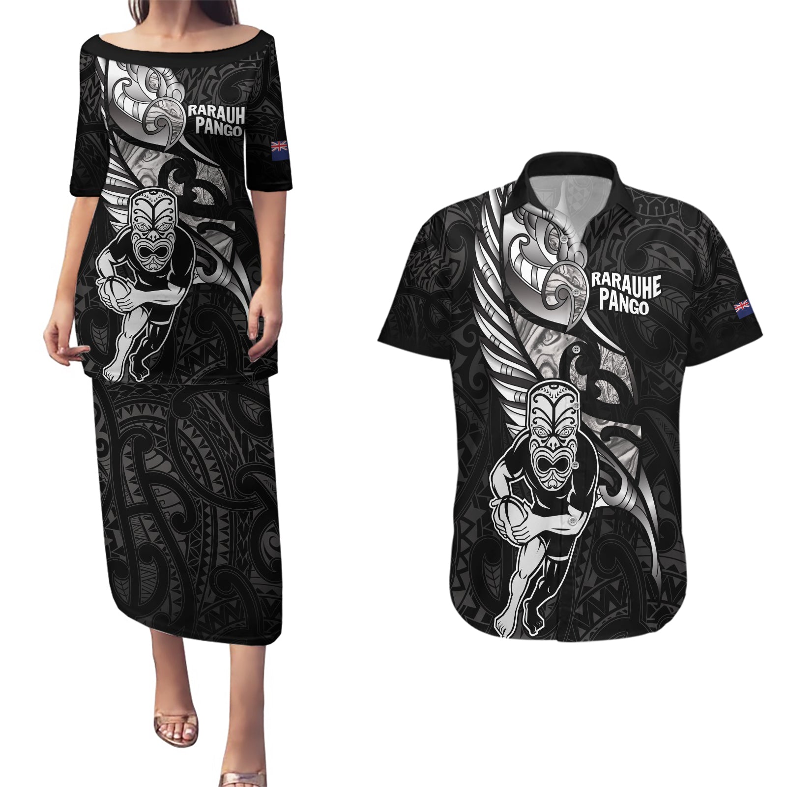 Custom New Zealand Maori Rugby Couples Matching Puletasi and Hawaiian Shirt Rarauhe Pango Silver Fern Manaia