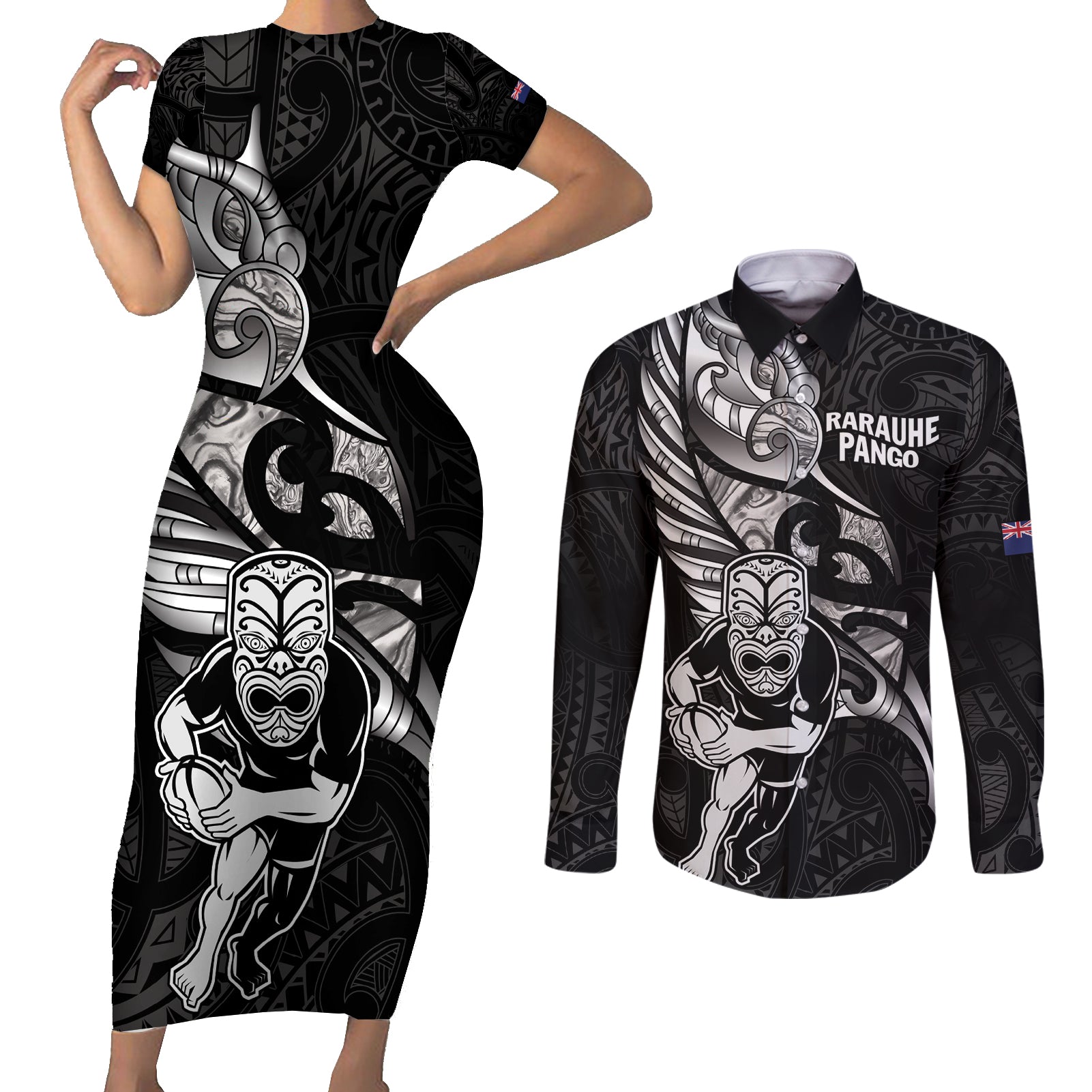 Custom New Zealand Maori Rugby Couples Matching Short Sleeve Bodycon Dress and Long Sleeve Button Shirt Rarauhe Pango Silver Fern Manaia