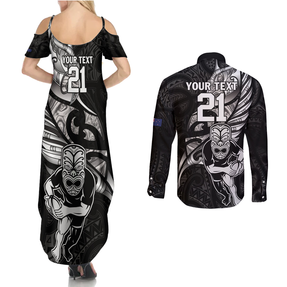 Custom New Zealand Maori Rugby Couples Matching Summer Maxi Dress and Long Sleeve Button Shirt Rarauhe Pango Silver Fern Manaia