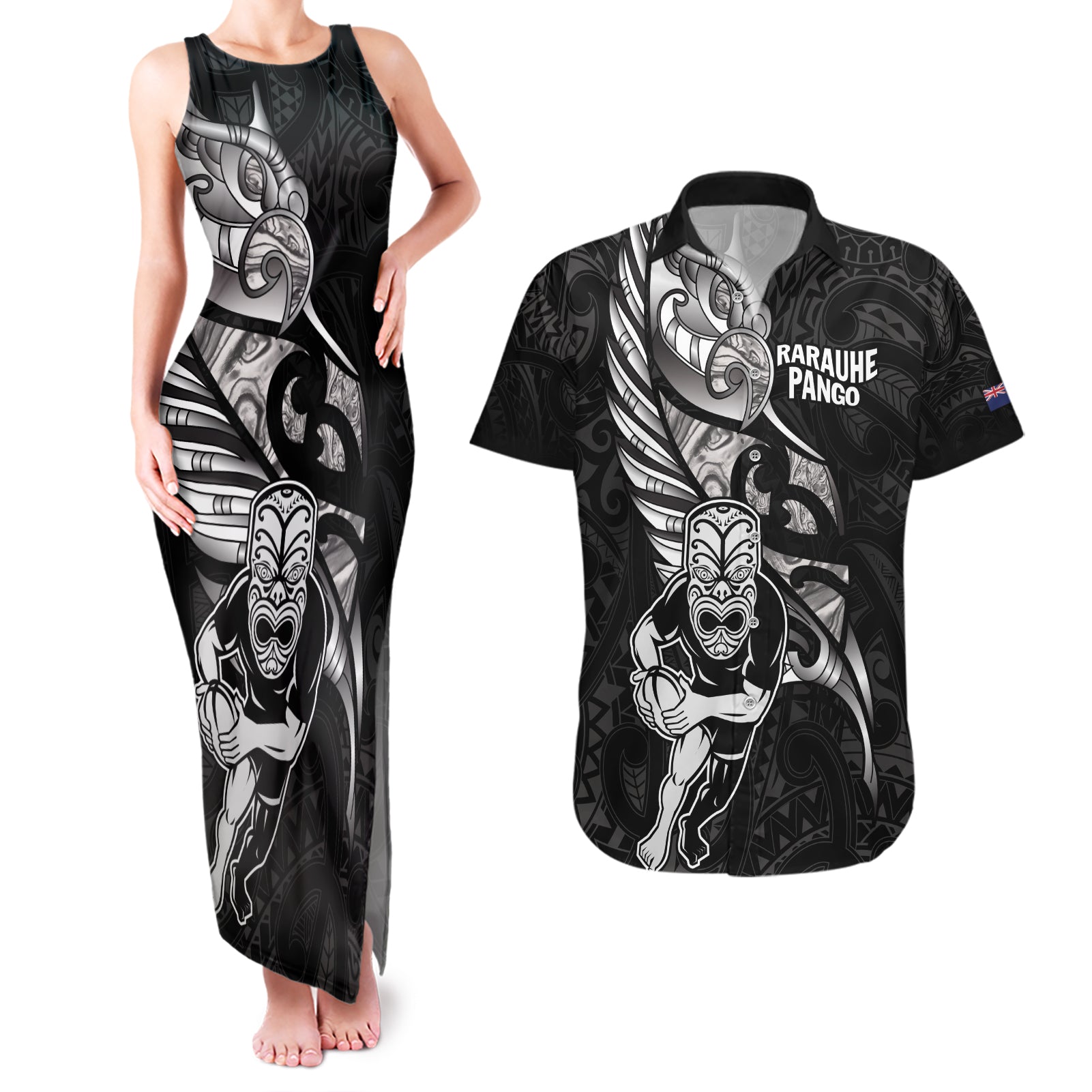 Custom New Zealand Maori Rugby Couples Matching Tank Maxi Dress and Hawaiian Shirt Rarauhe Pango Silver Fern Manaia