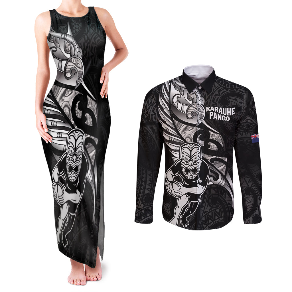 Custom New Zealand Maori Rugby Couples Matching Tank Maxi Dress and Long Sleeve Button Shirt Rarauhe Pango Silver Fern Manaia